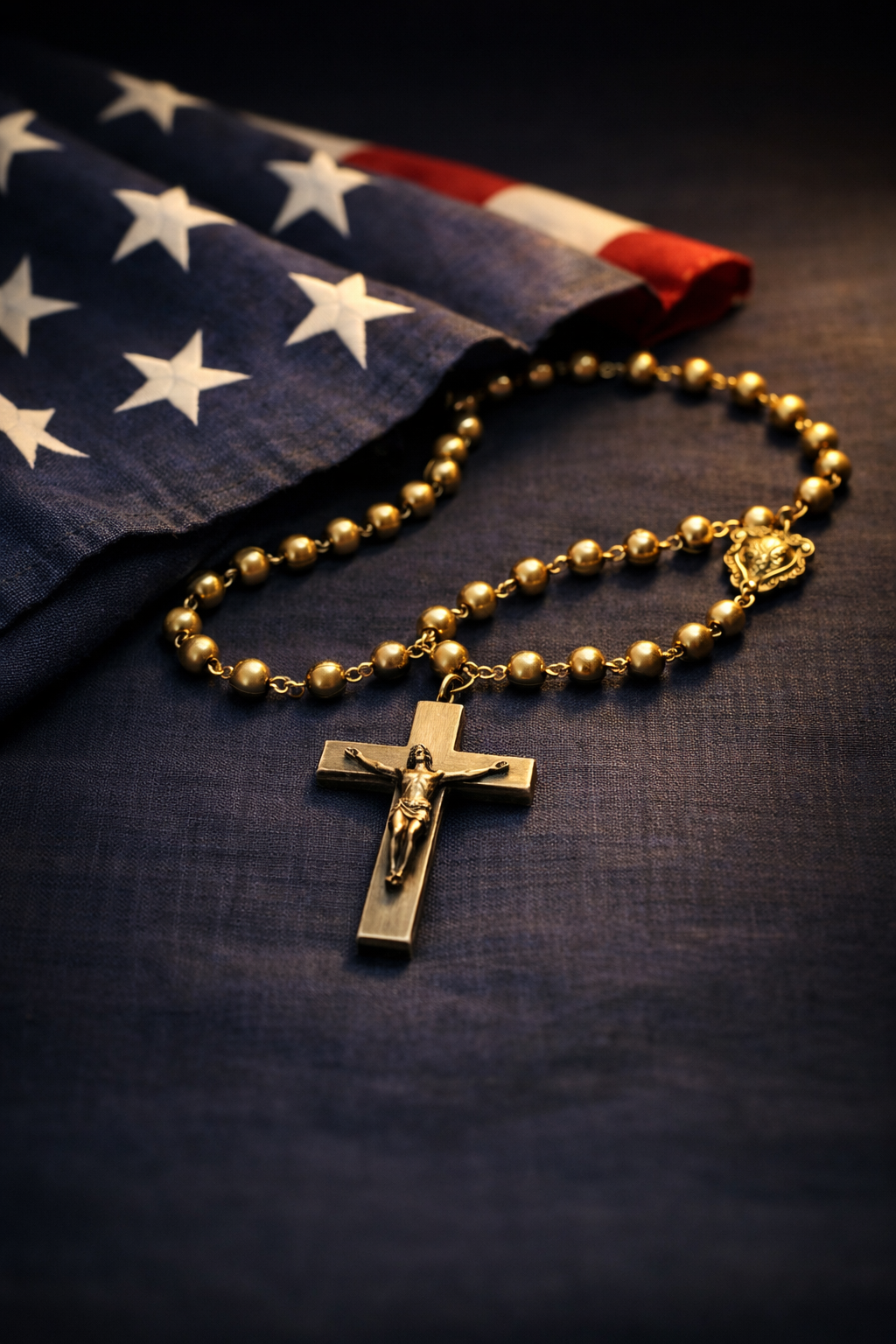 Rosary Over Flag on Navy Tabletop Rosary Over Flag on Navy Tabletop